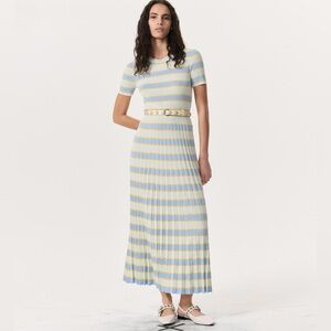 Rag and Bone Eloise Striped Rib-Knit Pleated Midi Dress